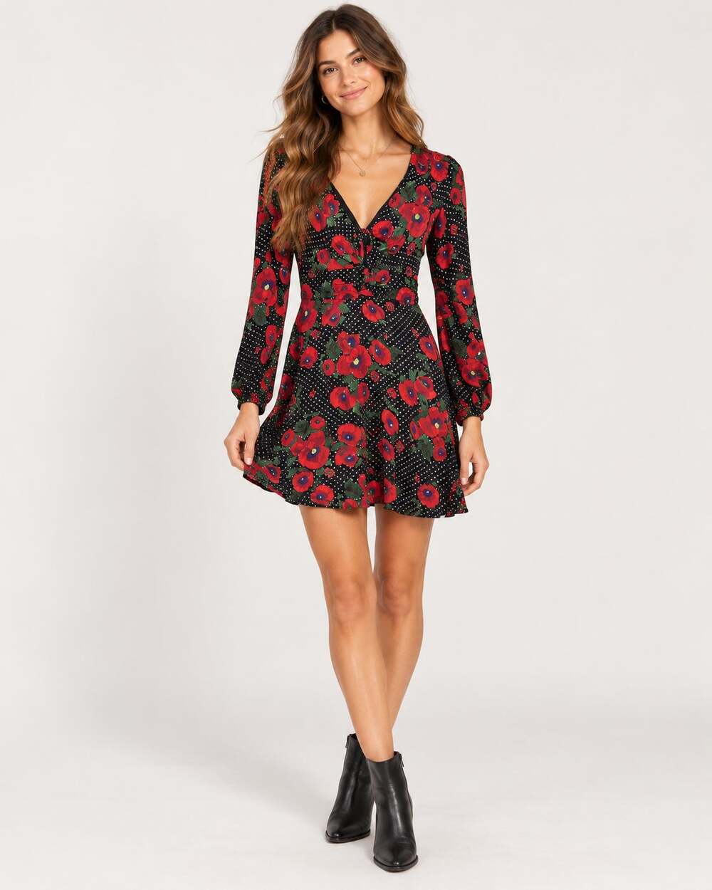 Free People Black Red Polka Dot Floral Mini Dress Womens 0 Long Sleeve Boho Fall